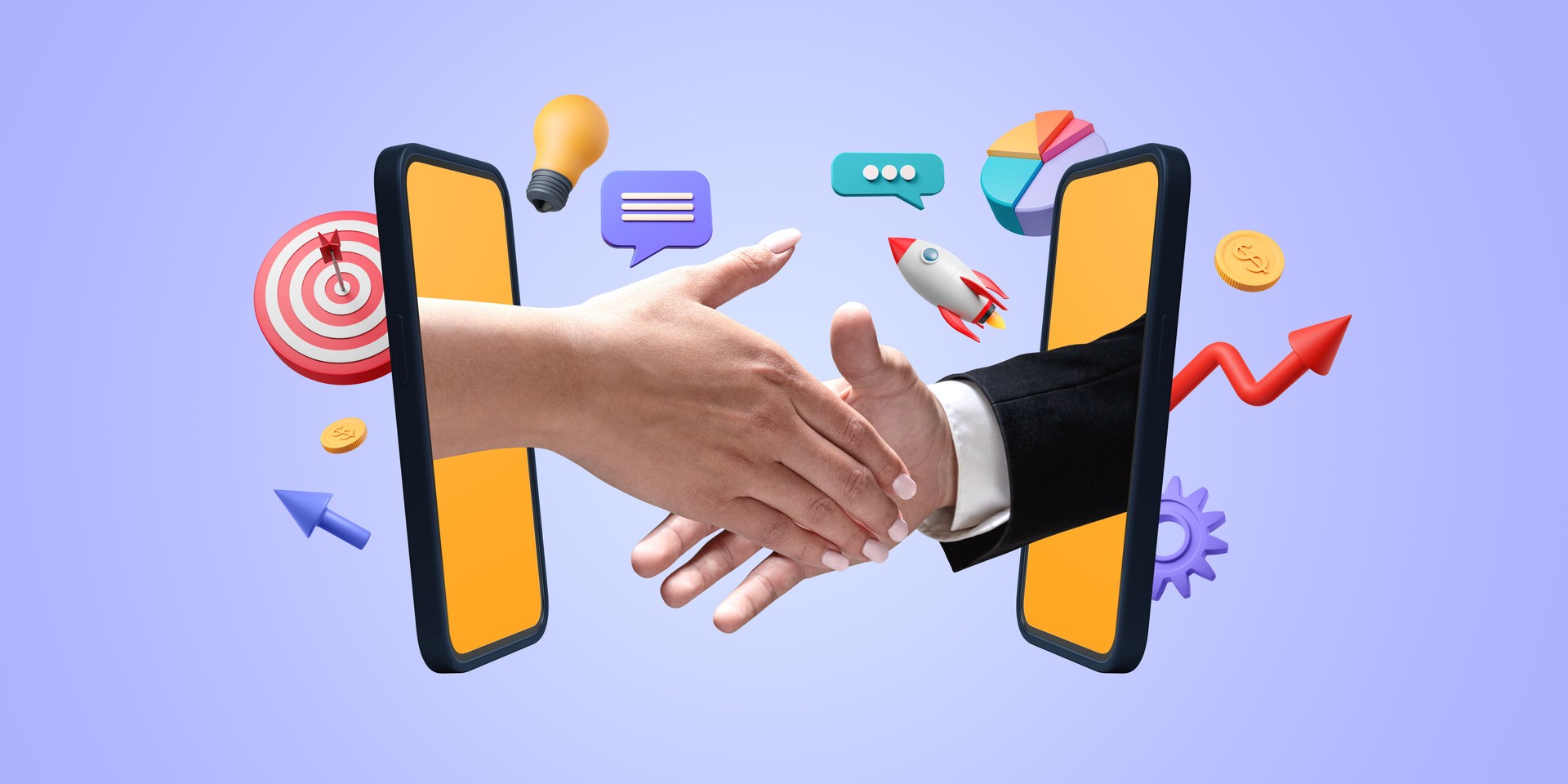 Handshake through smartphone screens with various business icons on light blue background. Concept of b2b, technology, and online agreements
