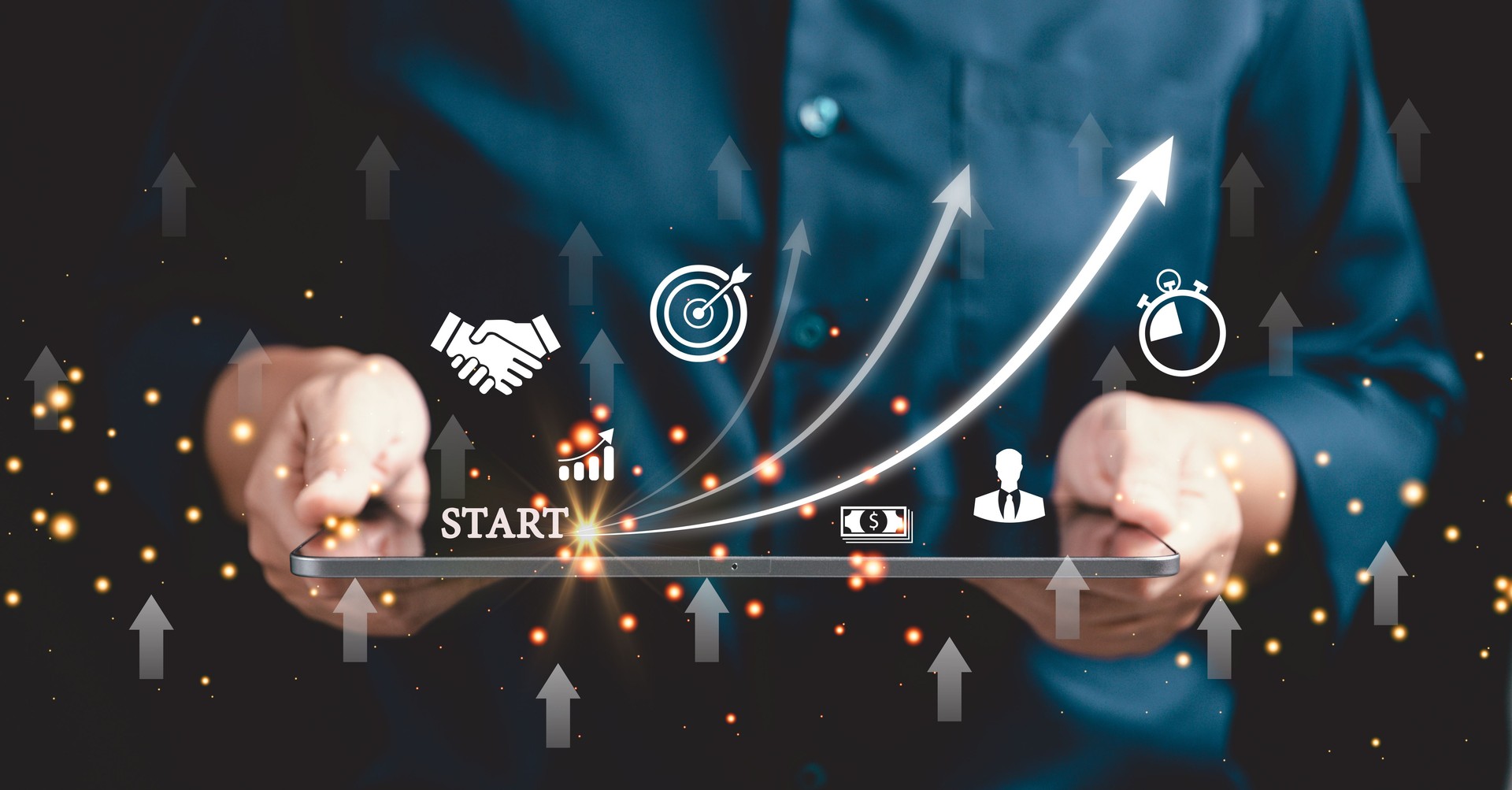 Startup concept with icon business and network connection on modern virtual interface from digital tablet. People hand touching on tablet. Developing and improving organization with modern technology.