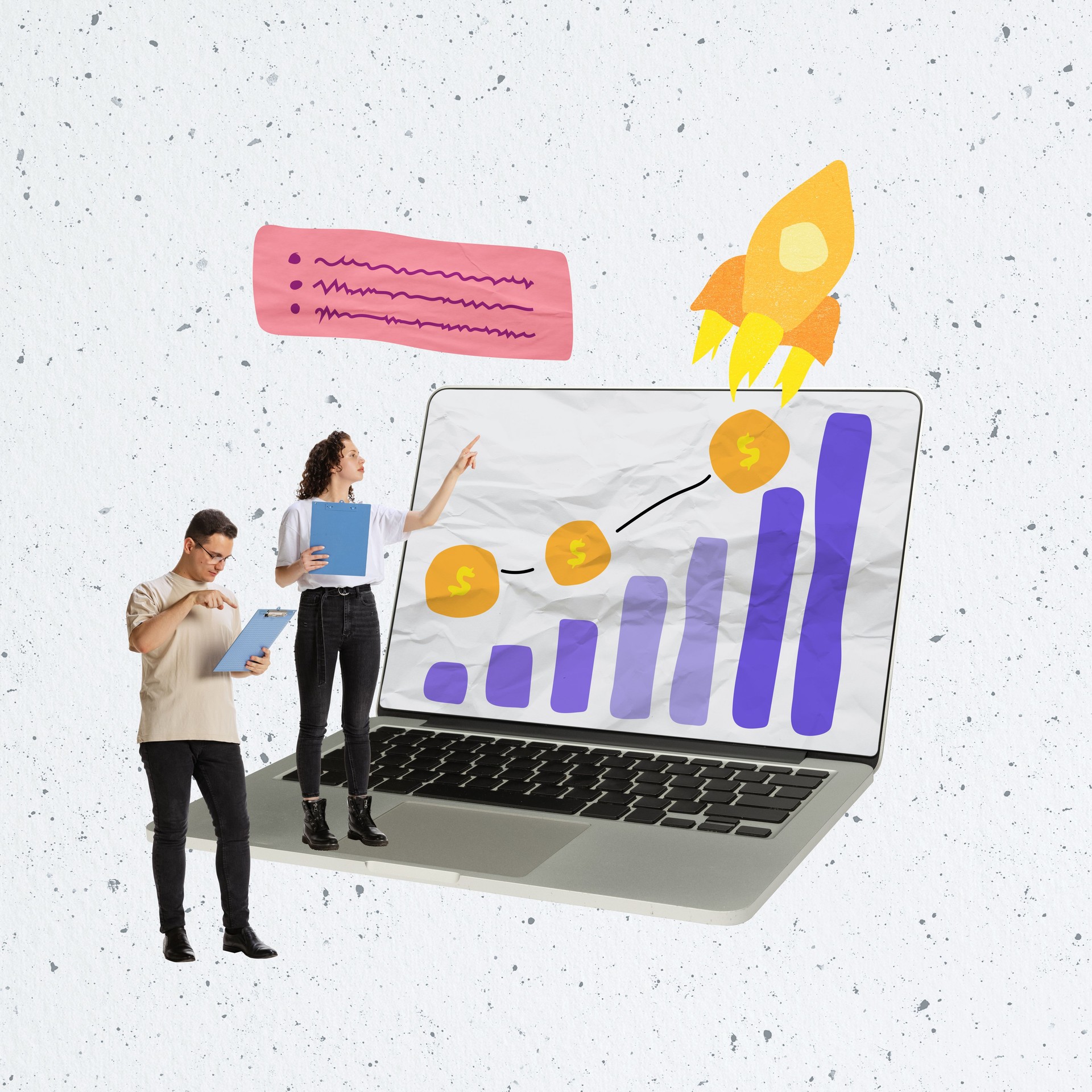 Creative design. Contemporary art collage. Man and woman, analytics making sales statistics