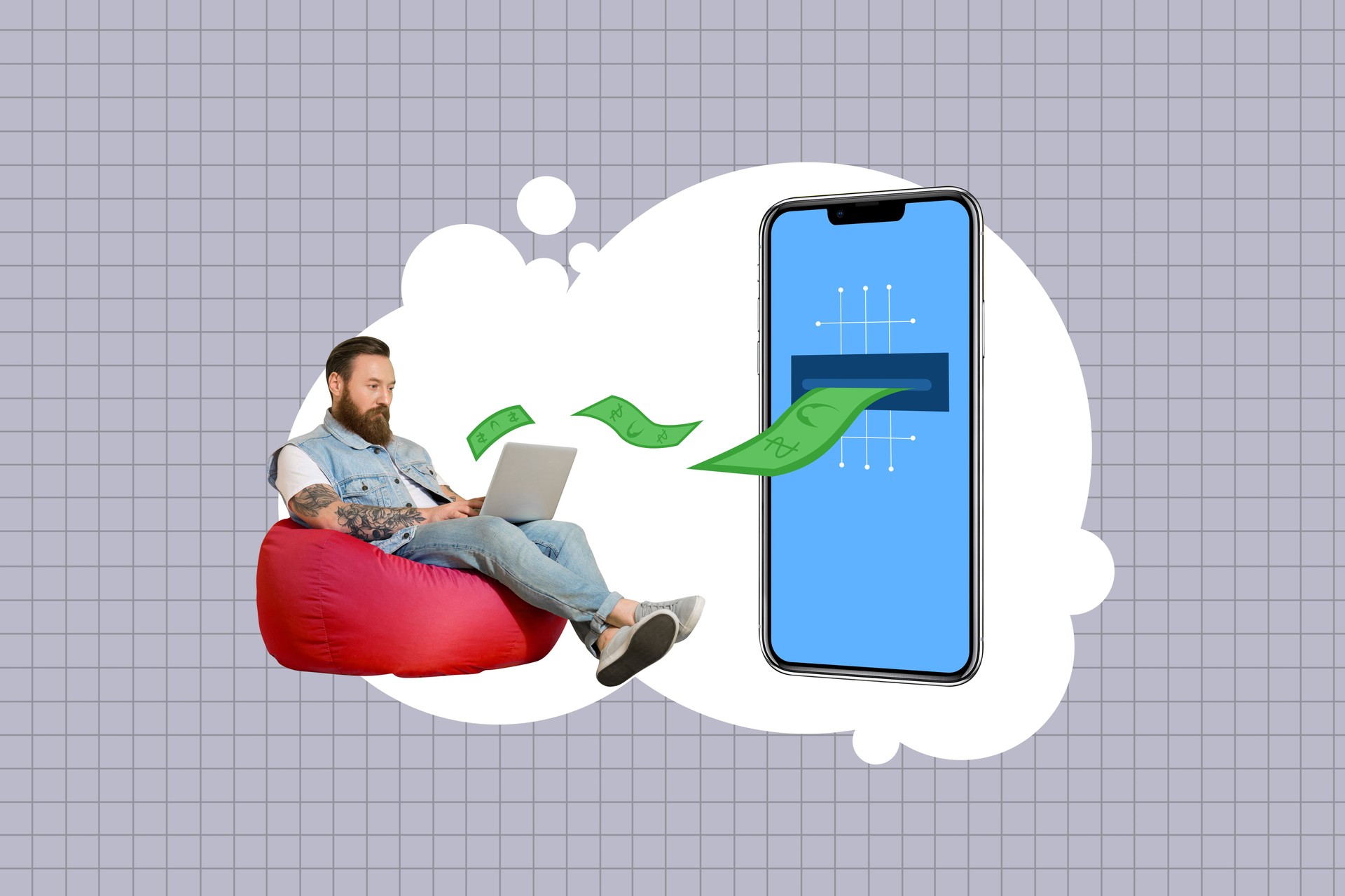 Creative collage surreal picture sitting young man laptop remote worker trader investor cash banknotes income profit rich businessman